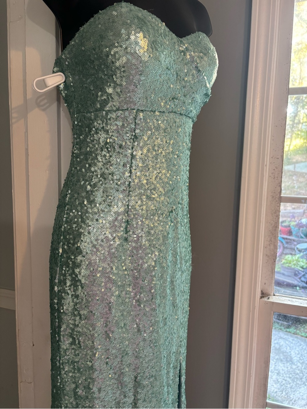 Aqua Sequin Strapless Prom Gown with Front Slit - Picture 5 of 6